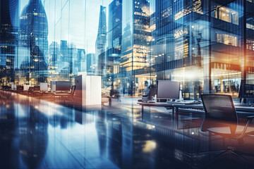 Obraz premium Blurred Office interior room background with modern design in working hours, indoor building of workplace of workspace, panoramic view through glass windows, with Generative Ai.