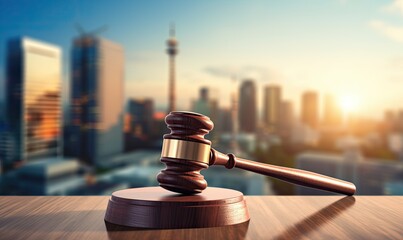 A wooden gavel of  law on a table top with city skyline - obrazy, fototapety, plakaty