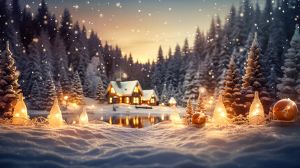  Beautiful winter house and Christmas tree on the mountain. Christmas greeting card