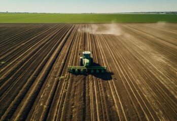 tractor is driving through a field aerial view