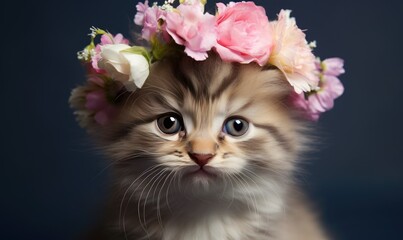 Cute Domestic Cat Portrait with Pink Flower