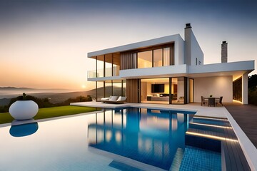 Modern villa with pool, night scene 