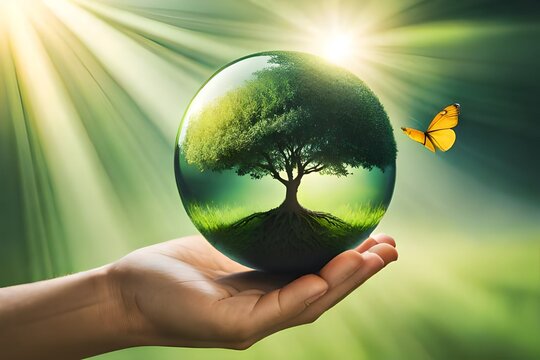 Earth crystal glass globe ball and growing tree in human hand flying butterfly