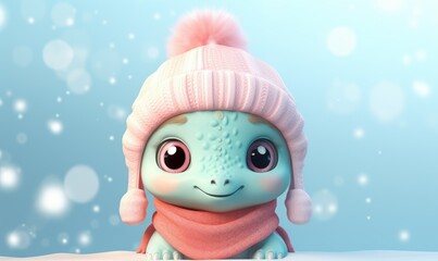 Cute baby dinosaur in a winter hat