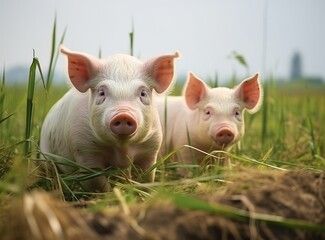 beautiful pigs on a green meadow