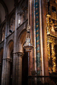 Vertical view of the botafumeiro of the cathedral of Santiago, it is a huge censer bathed in silver. Photograph taken in Santiago de Compostela, Galicia, Spain.