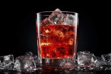 Soda drink with ice in glass on black background