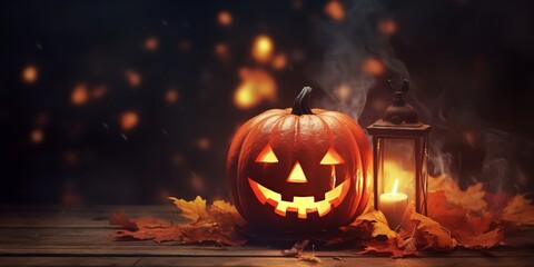Autumn foliage, candles, and Halloween pumpkins on a wooden background. Generative Ai.