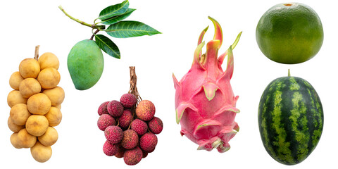 Langsat Mango lychees Dragon fruit Water melon and Orange fruit isolated on white background with clipping path