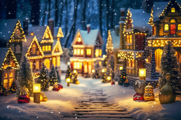 Fototapeta na wymiar Beautiful winter village and Christmas tree on the mountain. Christmas greeting card