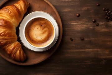 Cup of coffee with croissant on wooden background. Top view