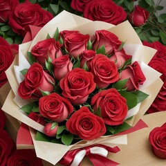 Fresh red roses in the decorative bouquet. Gifting Flowers and background. Generative AI
