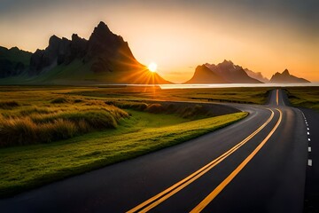 Sunset in mountains, Amazing Iceland nature seascape. popular tourist attraction. Best famouse travel locations. Scenic Image of Iceland