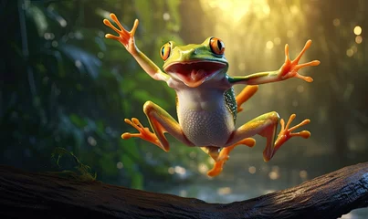 Fotobehang frog flying end  frog laughing realistic © Taufiq