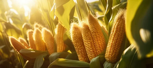 Fotobehang Corn cobs in corn plantation field. © alexxndr