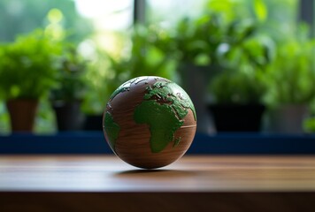 earth on table in an office with green background