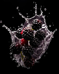 Blackberries falling with Water splash. Delicious and juicy. Isolated on black background.