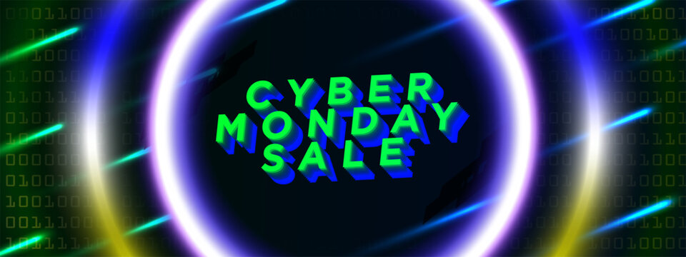 Bright Cyber Monday Sale Banner with shop now CTA button and 50% off sales discount tag on dark background with beams of blue and yellow light and multicolored ring. Vector Illustration. EPS 10.	
