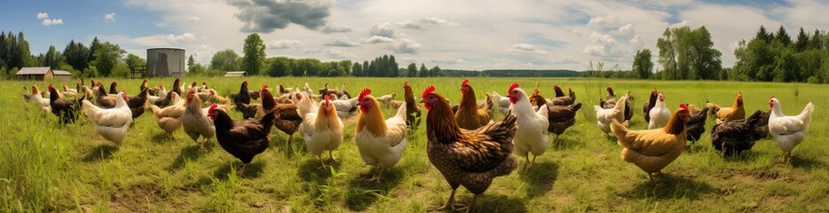farm photo of chicken walking on the grass