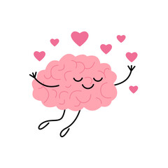 Brain fall in love, fly with hearts, cute character. Romantic state, imagination, relax. Love yourself. Vector - obrazy, fototapety, plakaty