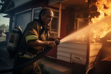 Fototapeta na wymiar A middle-aged fireman puts out a burning house with a fire hose