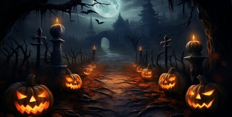 Fototapeta na wymiar Halloween pumpkin in the cemetery at night