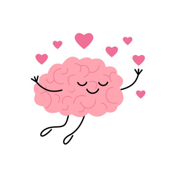 Brain fall in love, fly with hearts, cute character. Romantic state, imagination, relax. Love yourself. Vector