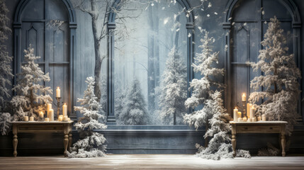 Christmas scene with tree and decorations, lights, balls, gifts in living room and window in center