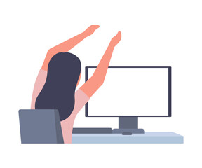 Woman sits back at table computer and stretching, doing exercises. Girl practicing workout at workplace in break. Removing tension and muscle soreness for rest relaxation. Vector