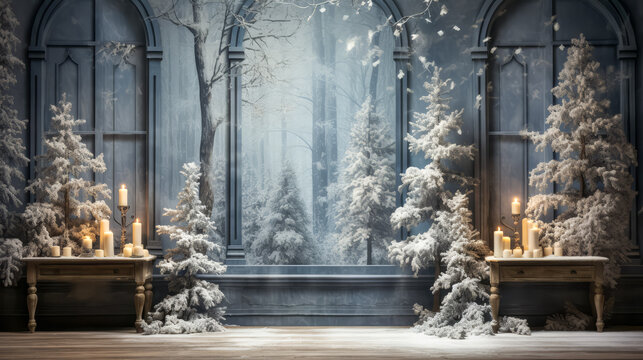 Christmas scene with tree and decorations, lights, balls, gifts in living room and window in center