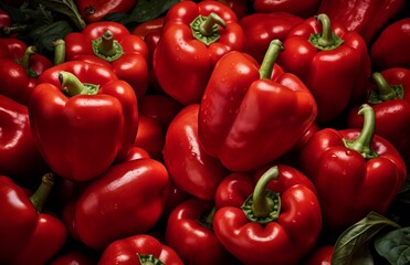Red peppers on counter in the supermarket