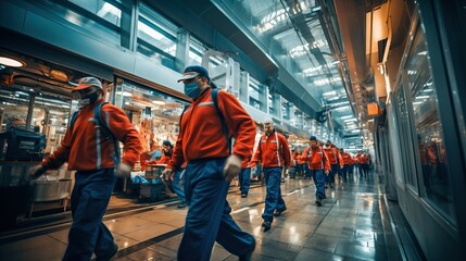 Modern factory with happy workers, generative ai