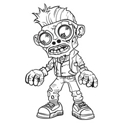 Techno Zombie man is standing character, line art vector illustration, cartoon style, coloring page