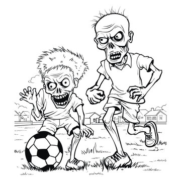 Zombie boys playing soccer, line art vector illustration, cartoon style, coloring page