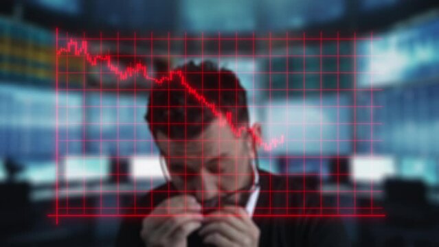 Financial stock market investment is falling down. Economic depression crisis. Trader lost money. Bitcoin BTC falling bearish trend. Trading risk and bankruptcy concept