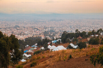 African landscapes with houses and maize plantations at Mbeya City in Tanzania 