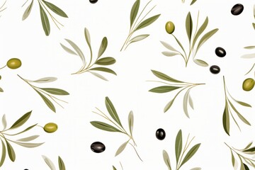 Olive seed and olive leaves pattern on white background