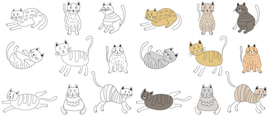 Doodle set of cute cartoon cats isolated on white. Hand drawn illustration for kids collection.