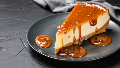 Cheesecake with caramel sauce on black background. Tasty homemade caramel cheesecake