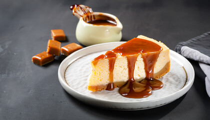 Cheesecake with caramel sauce on black background. Tasty homemade caramel cheesecake - obrazy, fototapety, plakaty