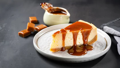 Foto op Plexiglas Cheesecake with caramel sauce on black background. Tasty homemade caramel cheesecake © Uuganbayar