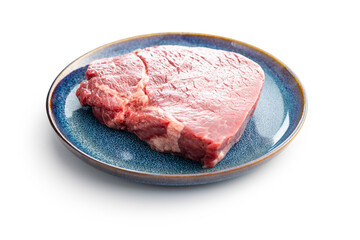 Raw fillet steak beef meat on plate isolated on white background.