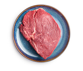 Raw fillet steak beef meat on plate isolated on white background.