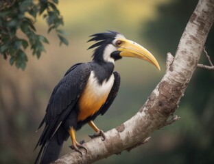 Illustration of a hornbill perched on a branch.generative AI