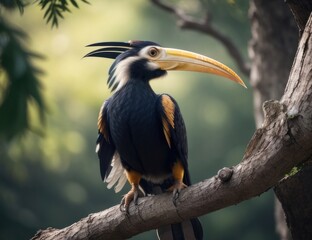 Illustration of a hornbill perched on a branch.generative AI