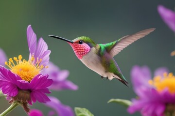Fototapeta premium Illustration A hummingbird flies near the flower .generative AI
