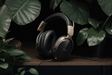 Illustration Leather-wrapped headphones arranged in a dark room decorated with leaves.generative AI