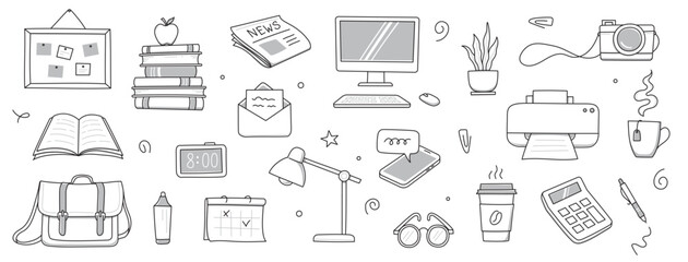 Office work doodle set. Office computer, work desk, notebook doodle icon. Hand drawn sketch style illustration. Business, school education hand drawn elements. Vector illustration.