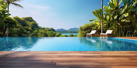 Wooden floor on swimming pool backdrop. Luxurious vacation at beachfront resort