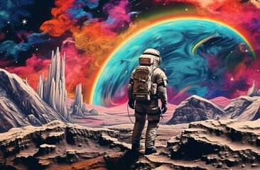 astronaut is flying across desert background